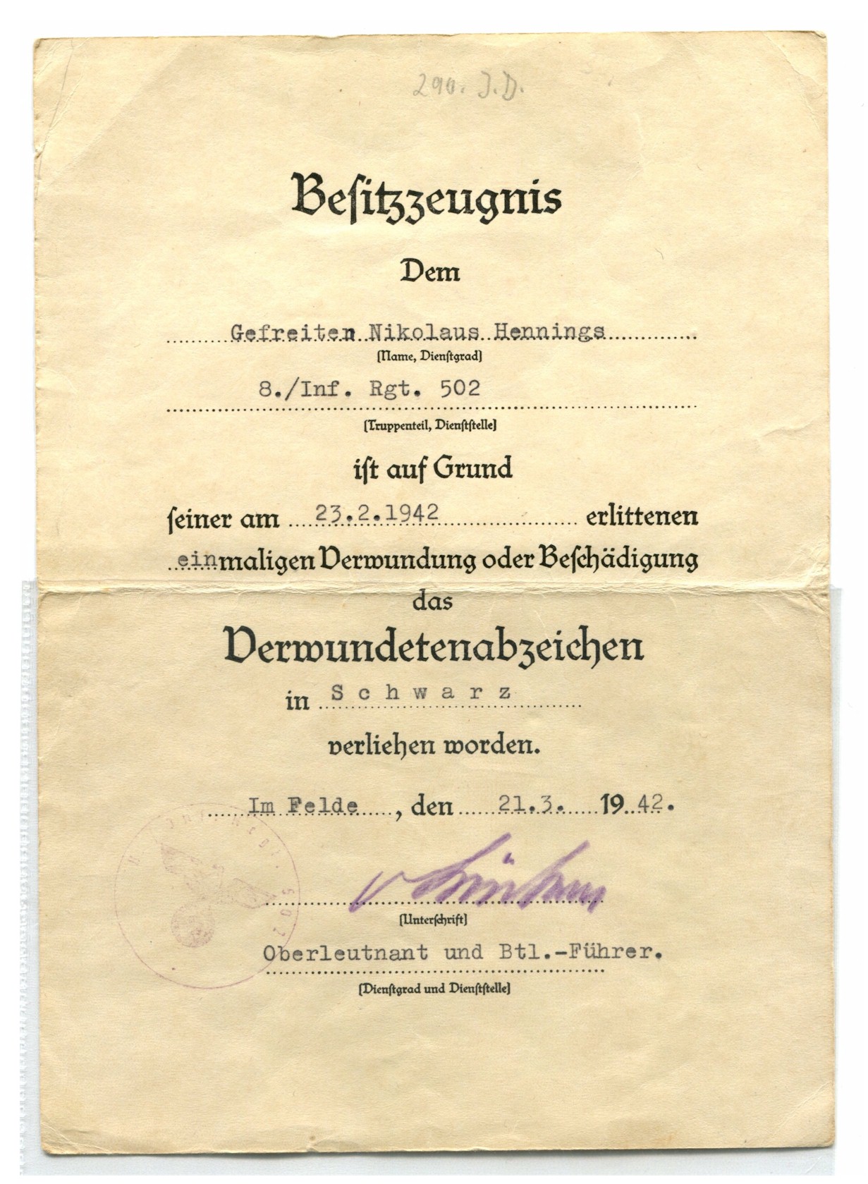 GERMAN AWARD DOCUMENT DERMUNDETENABZEICHEN
