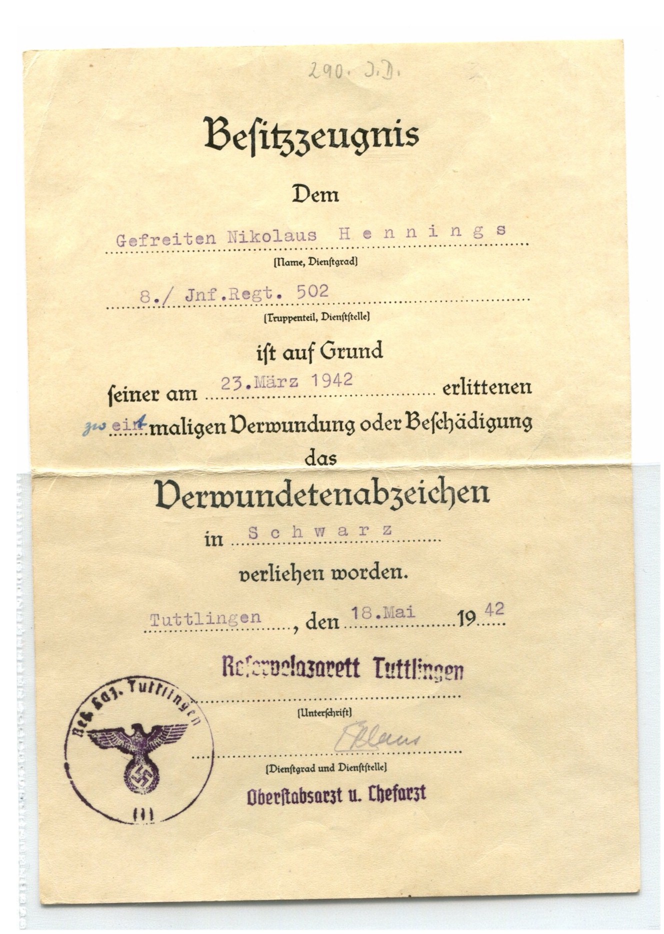 GERMAN AWARD DOCUMENT DERMUNDETENABZEICHEN #2 
