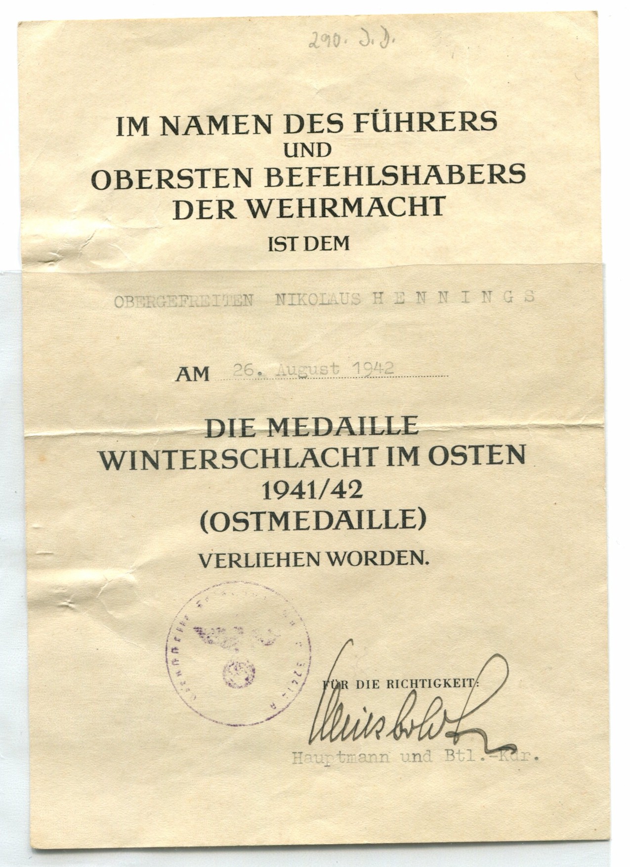 GERMAN AWARD DOCUMENT DIE MEDAILLE WINTERSCHLACHT IM OSTEN 1941/42 (OSTMEDAILLE) 