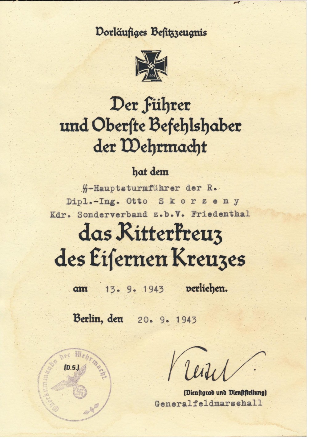 GERMAN AWARD DOCUMENT KNIGHT CROSS WITH OAK LEAVES, 1939