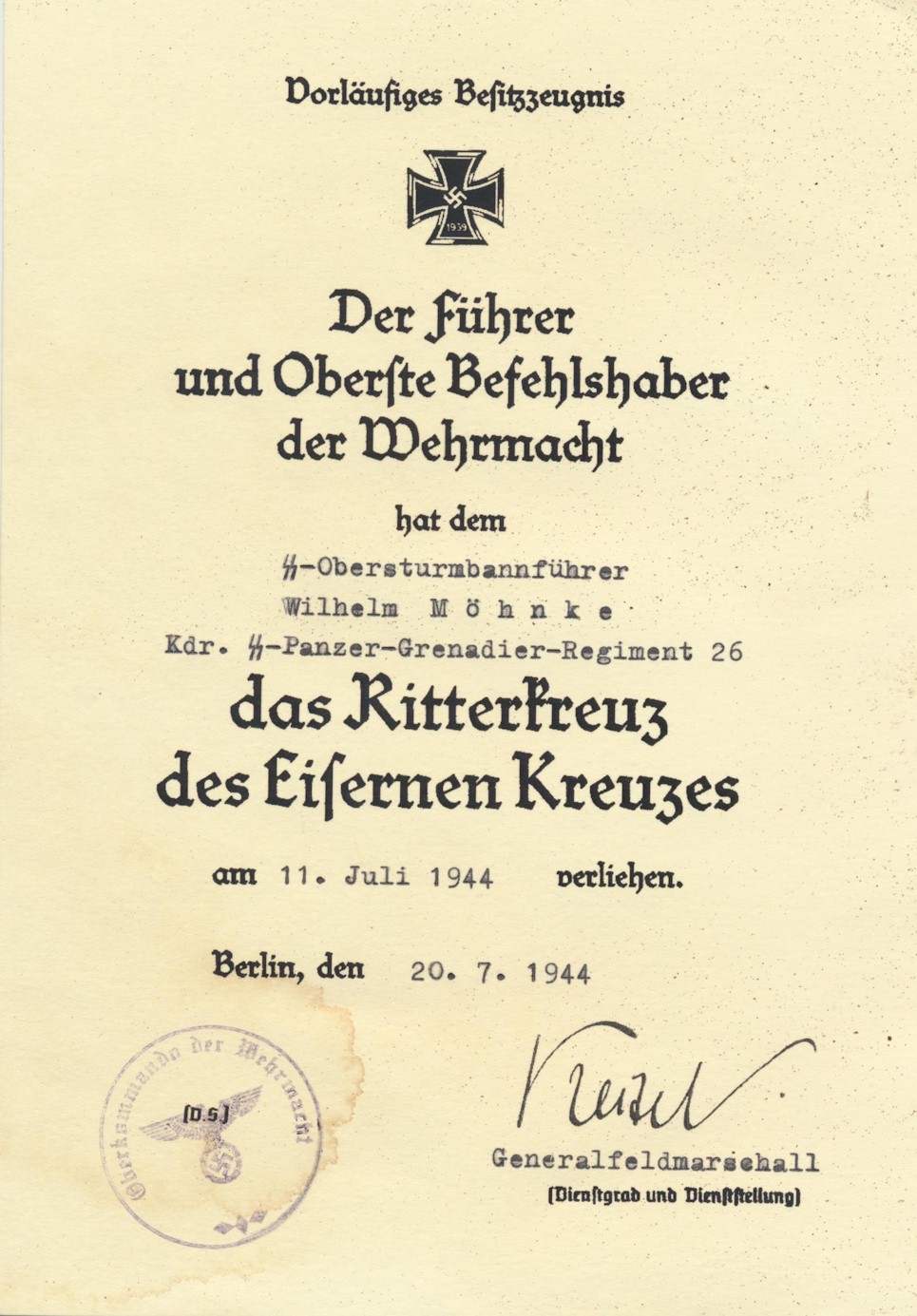 GERMAN AWARD DOCUMENT KNIGHT CROSS WITH OAK LEAVES, 1939 - WILHELM MOHNKE