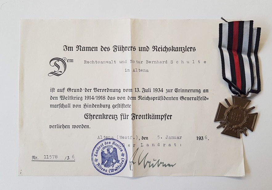 GERMAN COMBATANTS CROSS OF HONOR 1914-1918 WITH DOCUMENT