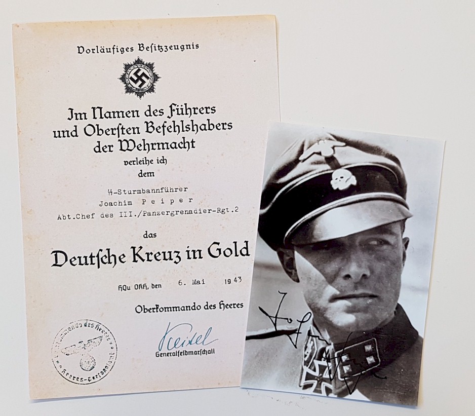 GERMAN CROSS AWARD DOCUMENT AND PHOTO FOR PEIPER
