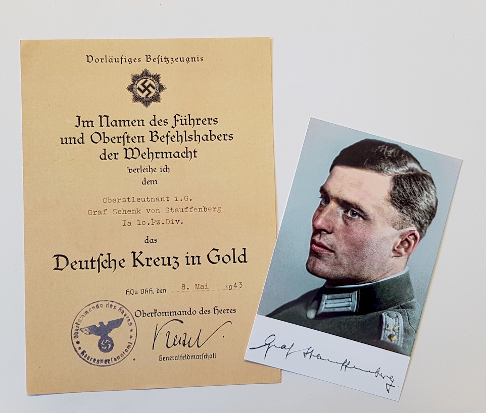 GERMAN CROSS AWARD DOCUMENT AND PHOTO FOR STAUFFENBERG