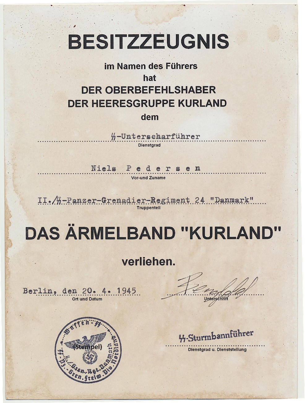 GERMAN CUFFTITLE "KURLAND" SS UNTERSCHARFUHRER NIELS PEDERSEN II./SS PZ GREN RGT 24 " DANMARK" DOCUMENT
