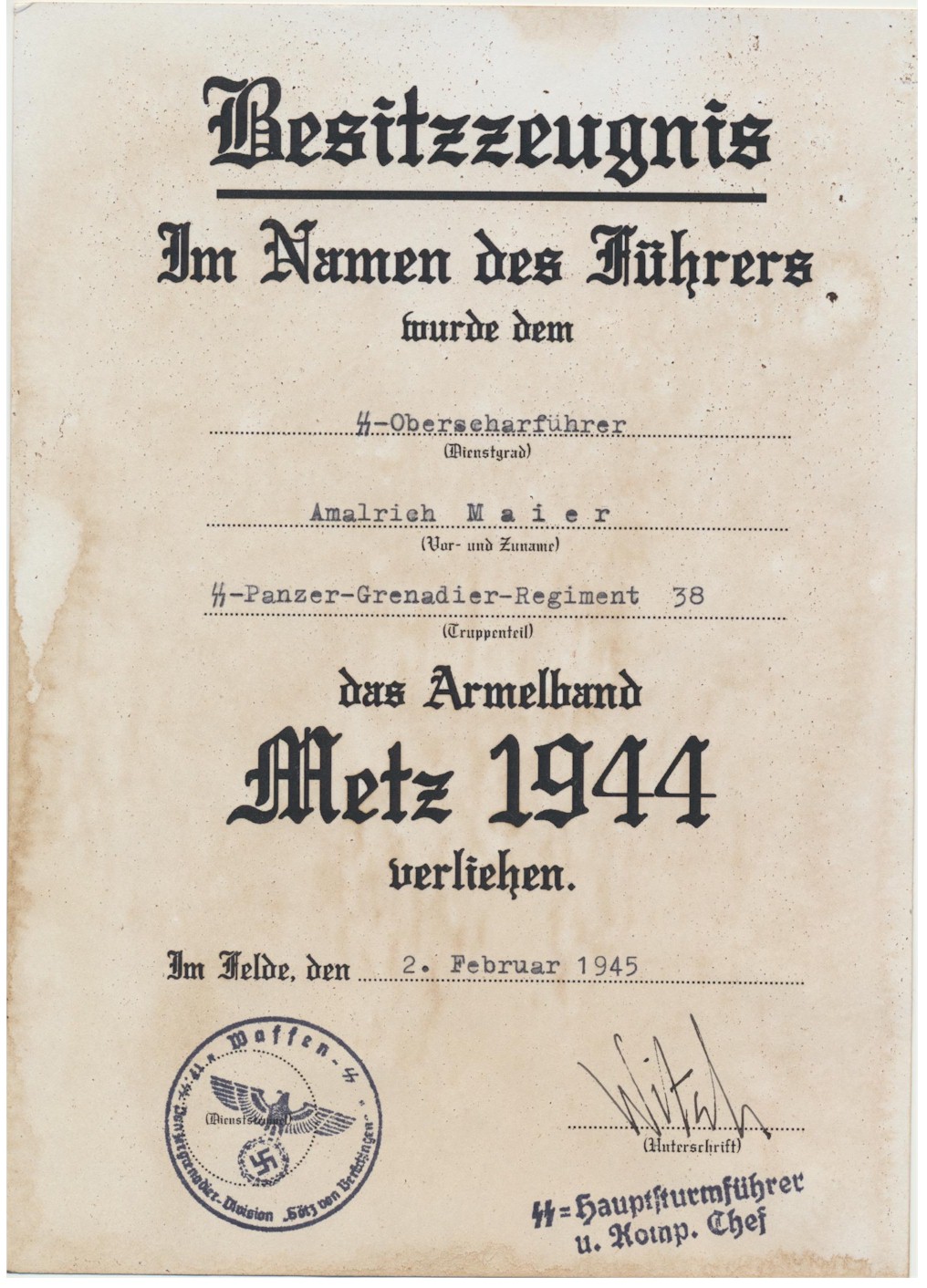 GERMAN CUFFTITLE "METZ 1944 " SS OBERSCHARFUHRER AMALRICH MAIER SS PZ GREN RGT 38 " GOTZ VON BERLICHINGEN" DOCUMENT 