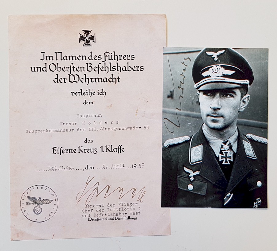 GERMAN IRON CROSS 1ST CLASS AWARD DOCUMENT AND PHOTO FOR WERNER MOLDERS
