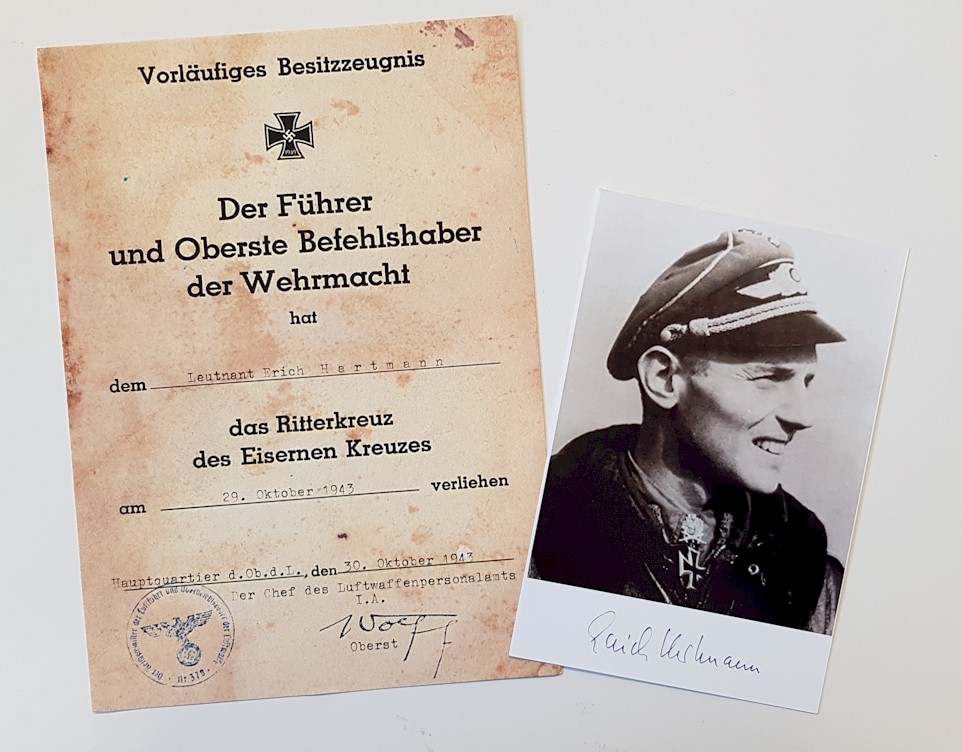 GERMAN KNIGHT'S CROSS AWARD DOCUMENT AND PHOTO FOR ERICH HARTMANN