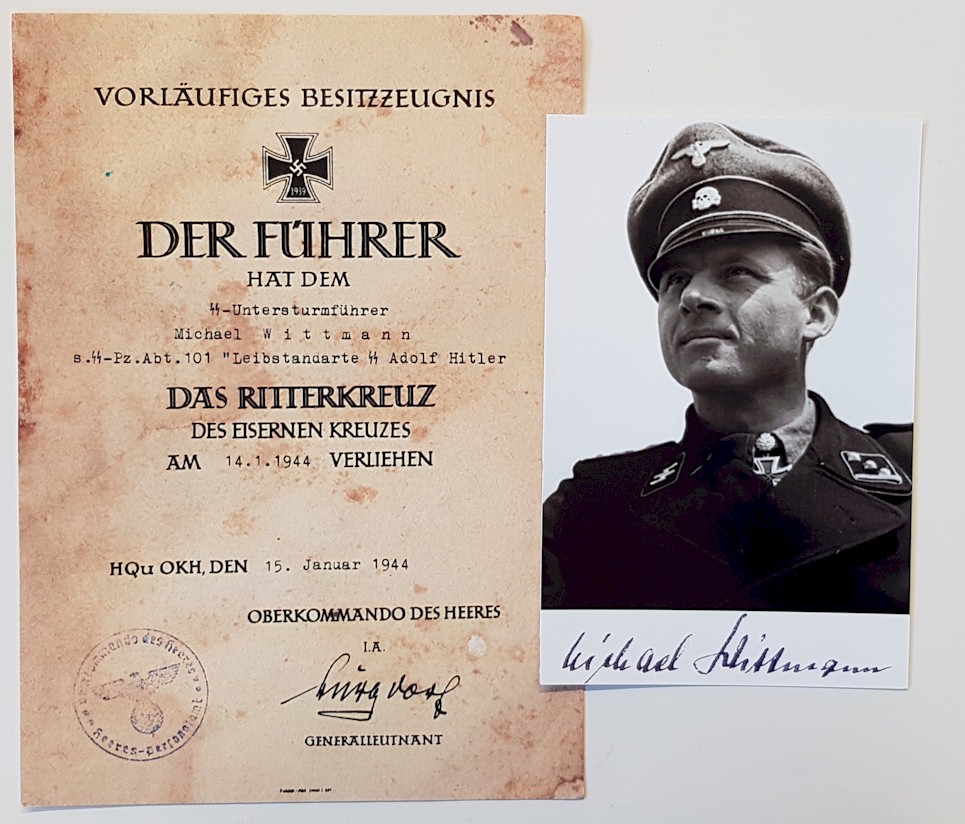 GERMAN KNIGHTS CROSS AWARD DOCUMENT AND PHOTO FOR MICHAEL WITTMANN 