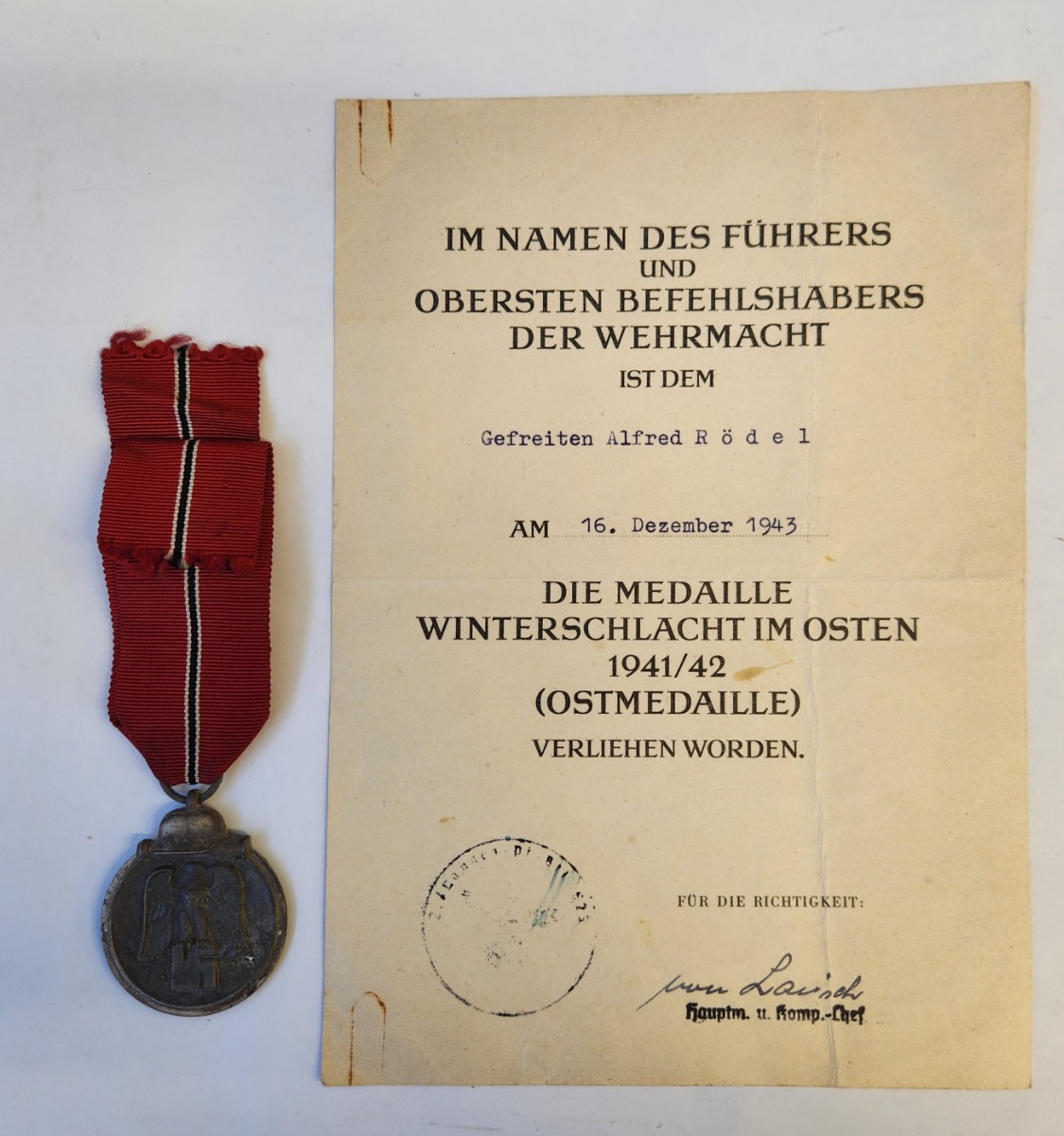 GERMAN OPERATION BARBAROSSA WW11 EASTERN FRONT MEDAL WITH AWARD DOCUMENT TO OBERGEFREITEN HERMANN SENGHAS