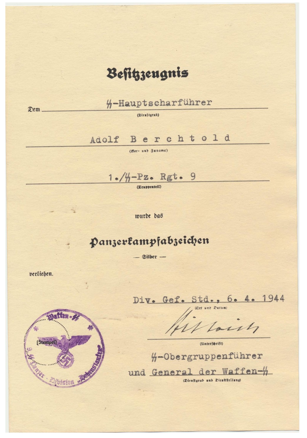 GERMAN PANZER ASSAULT SILVER SS HAUPTSCHARFUHRER ADOLF BERCHTOLD 1.SS PZ RGT 9 HOHENSTAUFEN DOCUMENT 