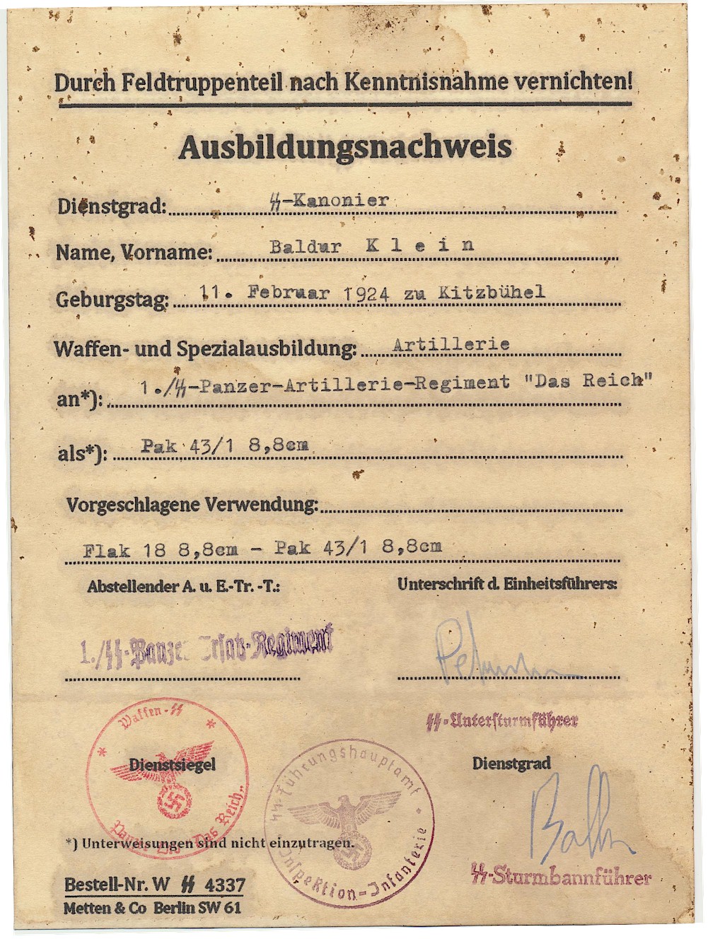 GERMAN PRACTICE PAK 431 AND FLAK 18 SS KANONIER BALDUR KLEIN 1.SS PZ ARTILLERIE RGT DAS REICH DOCUMENT 