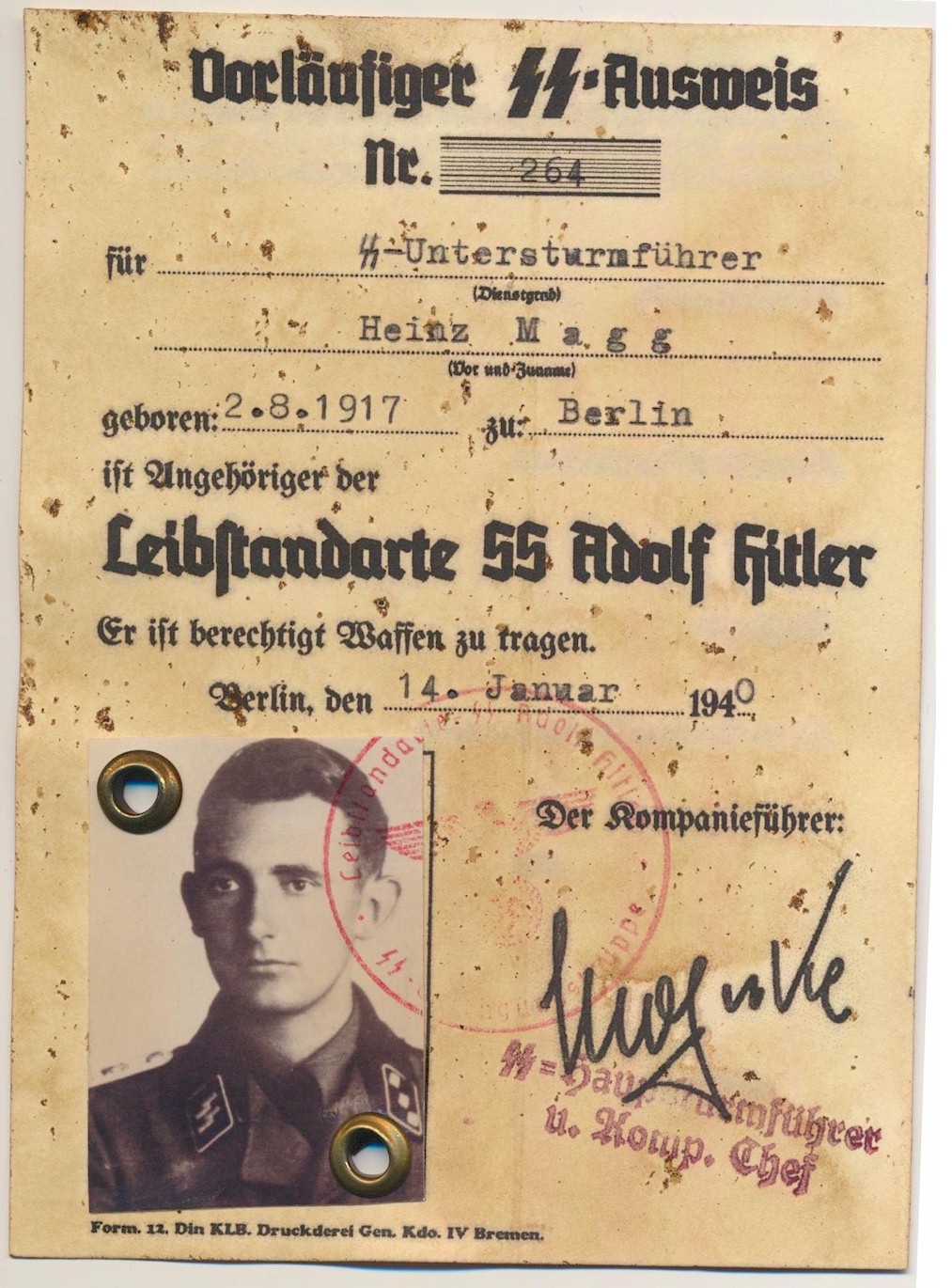 GERMAN SS AUSWEIS SS UNTERSCHARFUHRER HEINZ MAGG 5./LSSAH DOCUMENT 