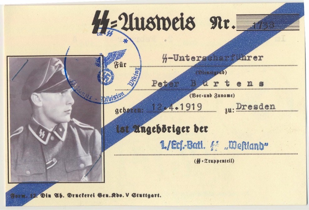 GERMAN SS AUSWEIS SS UNTERSCHARFUHRER PETER BURTEN 1./ERSATZ BTL SS WESTLAND DOCUMENT 