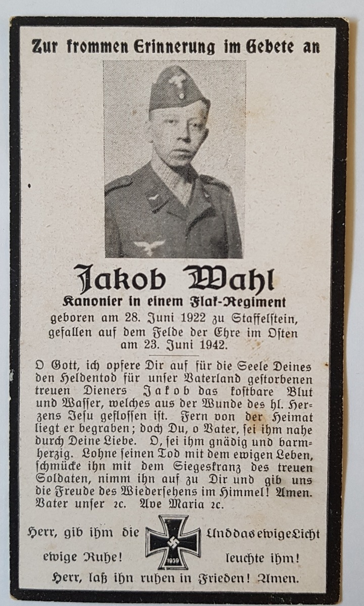 GERMAN SS DEATH CARD FOR JACOB MAHL ORIGINAL