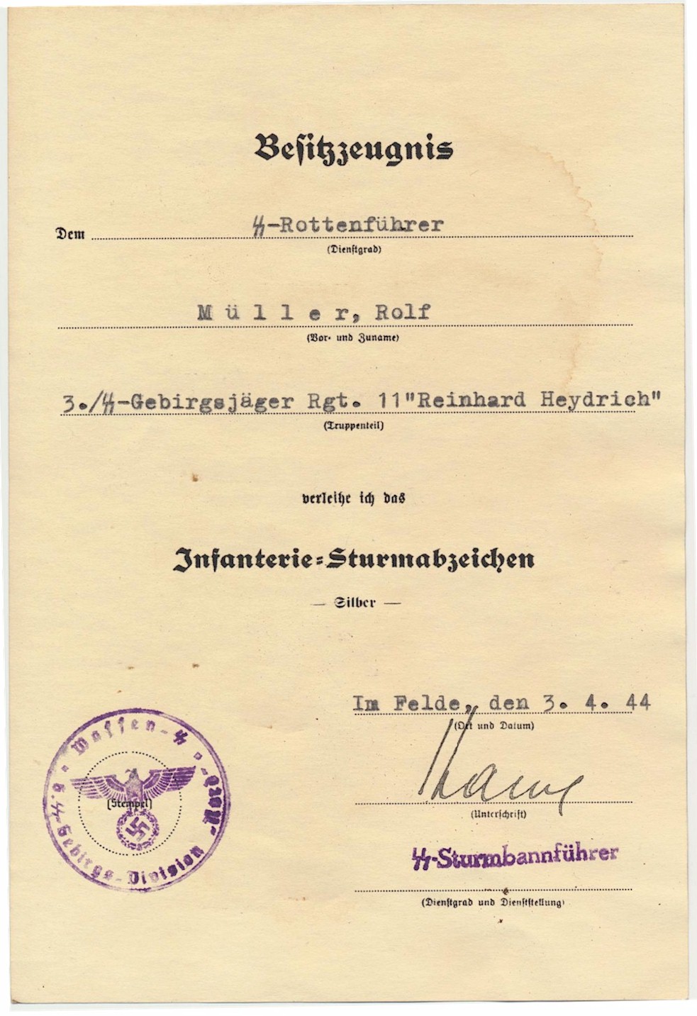 GERMAN SS ROTTENFUHRER ROLF MULLER 3.SS GEBIRGSJAGER RGT 11 REINHARD HEYDRICH DIVISION NORD DOCUMENT 