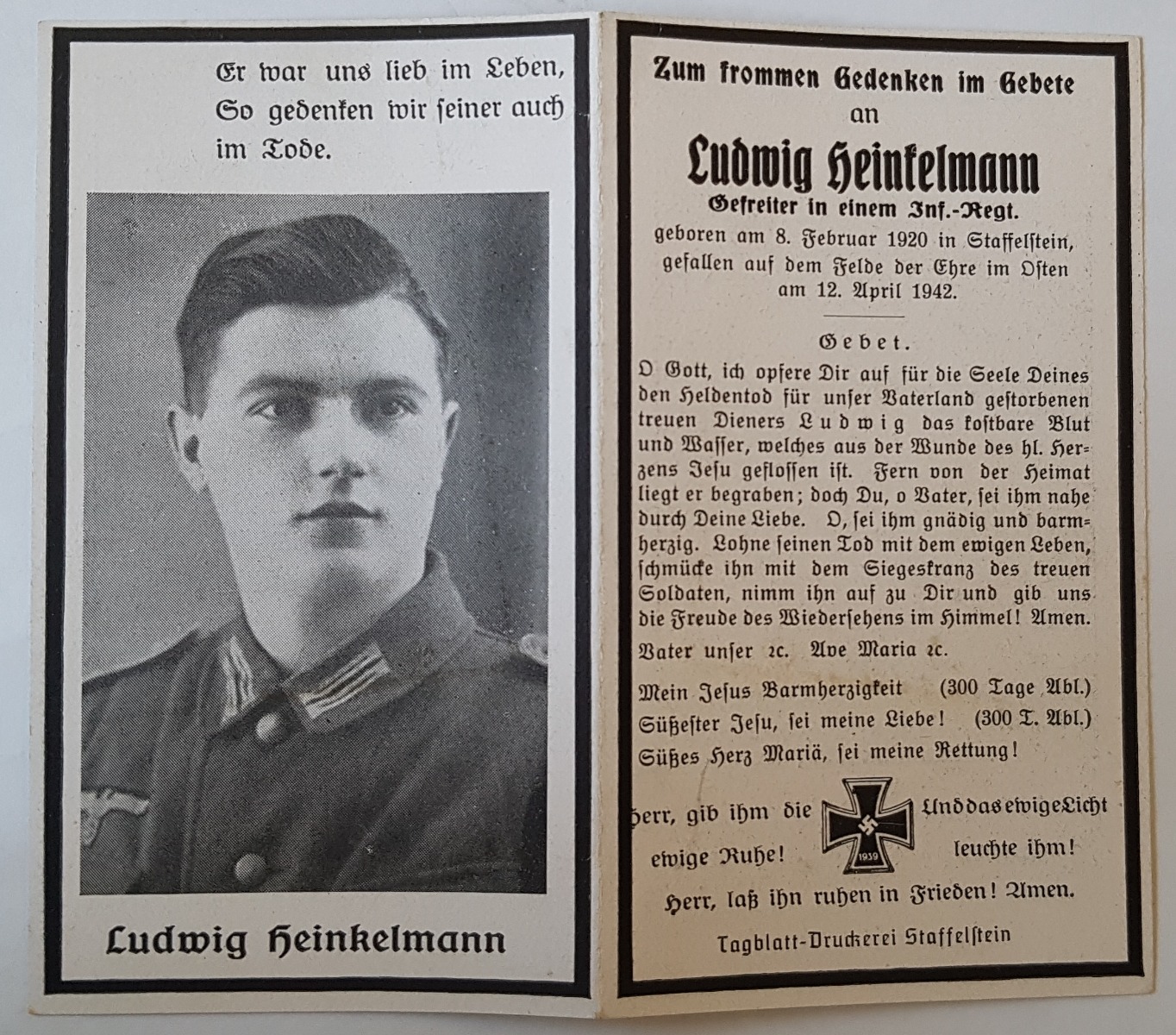 GERMAN WAFFEN SS DEATH CARD FOR LUDWIG HEINKELMANN ORIGINAL