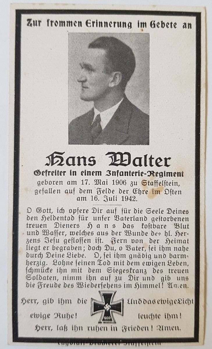 GERMAN WW11 SS DEATH CARD FOR HANS WALTER