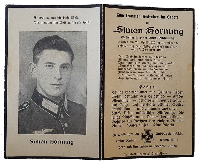 GERMAN WW11 DEATH CARD FOR GEFREITER SIMON HORNUNG