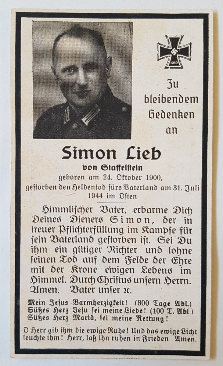 GERMAN WW11 SS DEATH CARD FOR SIMON LIEB