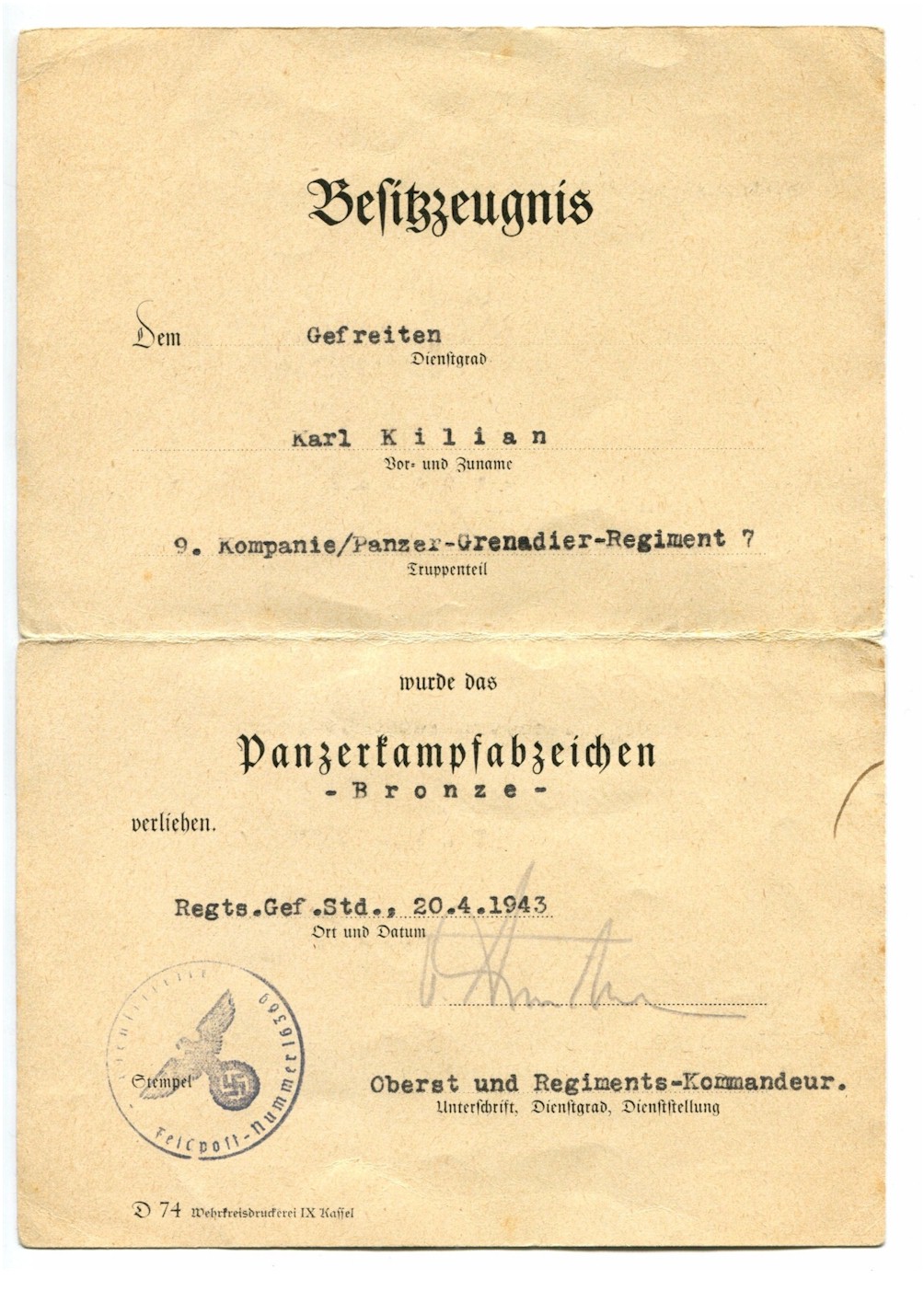GERMAN WW2 AWARD DOCUMENT FOR PANZER ASSAULT BADGE IN BRONZE