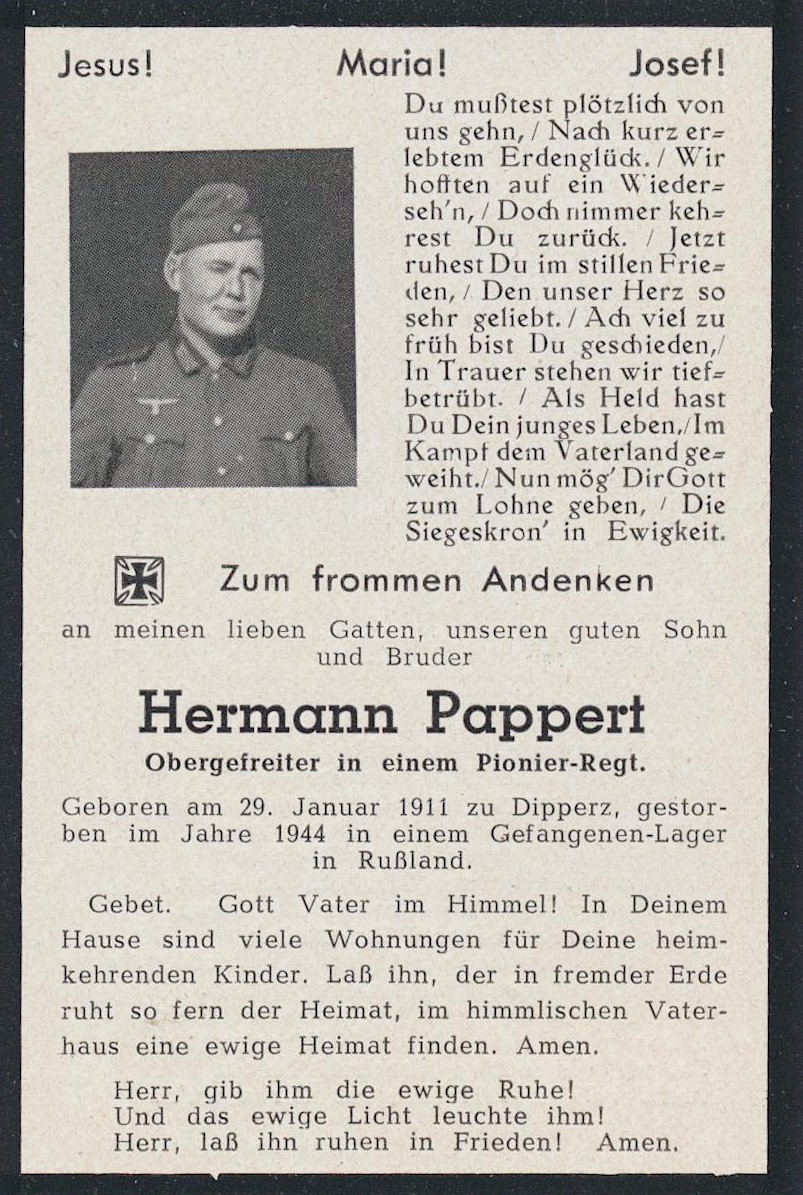 GERMAN WW2 DEATH CARD FOR " HERMANN PAPPERT"