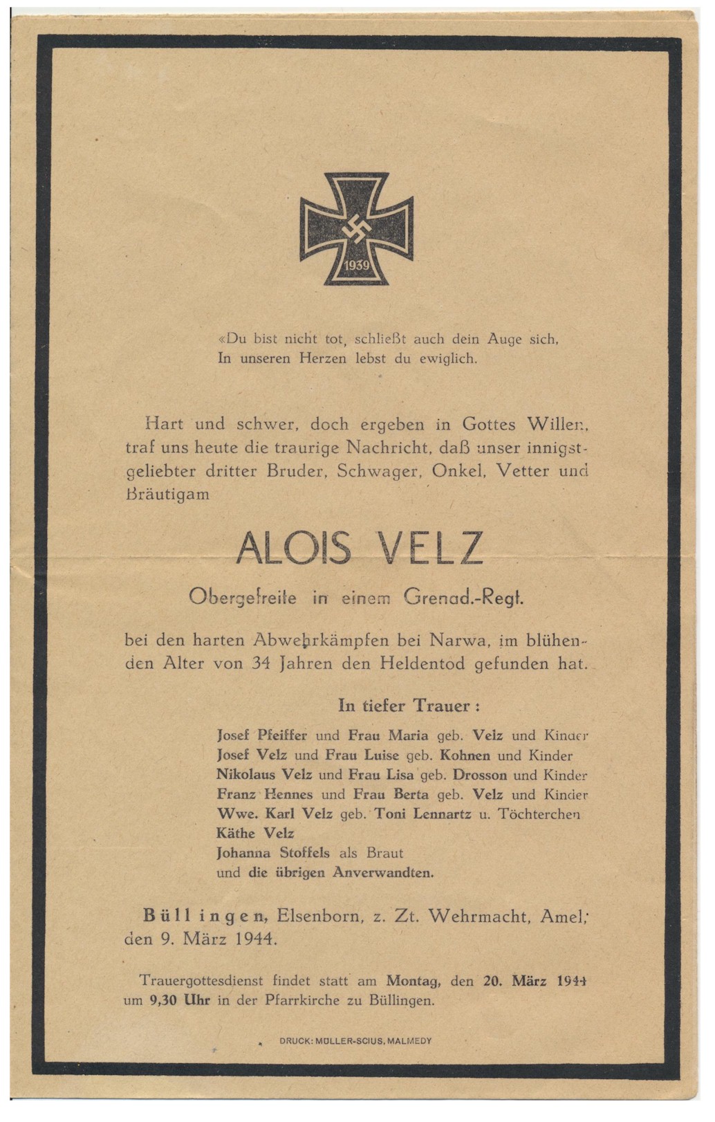 GERMAN WW2 DEATH NOTICE FOR " ALOIS VELZ"