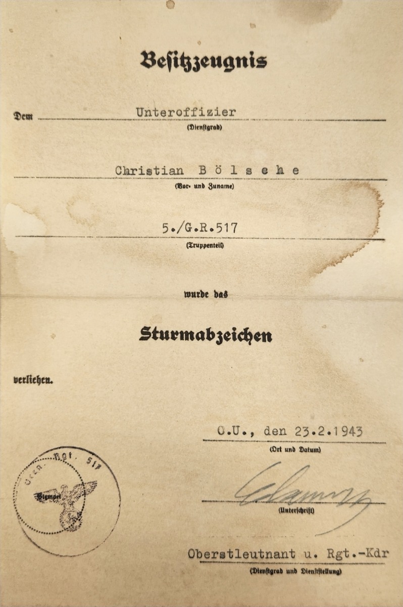 GERMAN WW2 GENERAL ASSAULT BADGE AWARD DOCUMENT FOR CHRISTIAN BOLSCHE