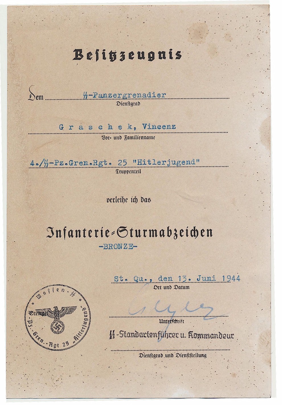 GERMAN WW2 INFANTRY ASSAULT BADGE AWARD DOCUMENT FOR VINCENZ GRASCHEK