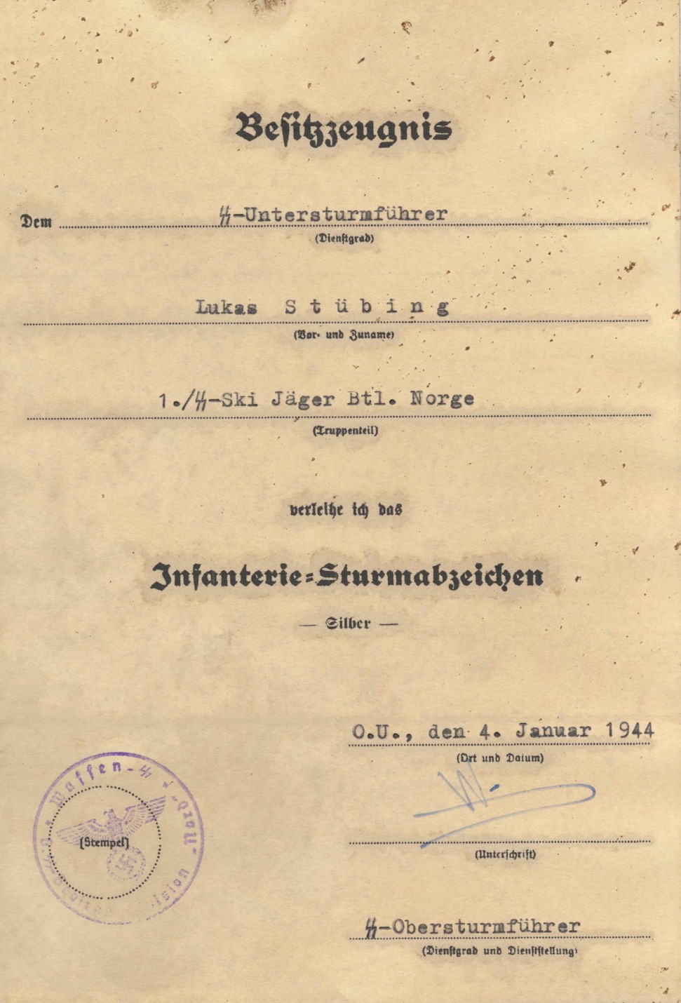 GERMAN WW2 INFANTRY ASSAULT BADGE BRONZE AWARD DOCUMENT FOR LUKAS STUBING