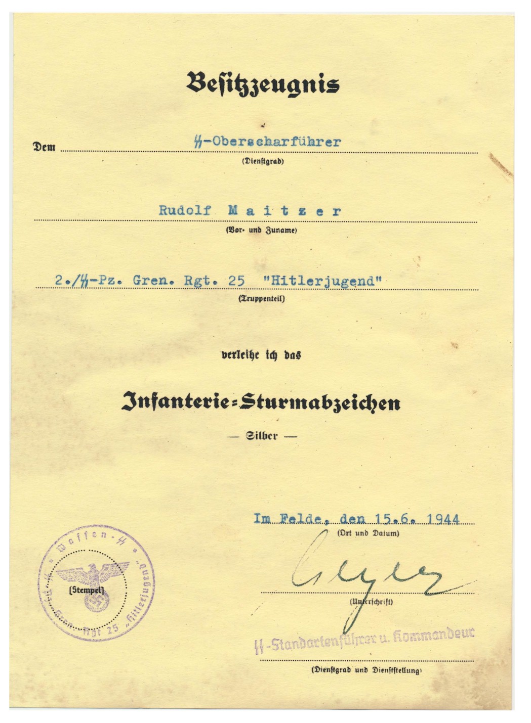 GERMAN WW2 INFANTRY ASSAULT SILVER BADGE AWARD DOCUMENT FOR RUDOLF MAITZER