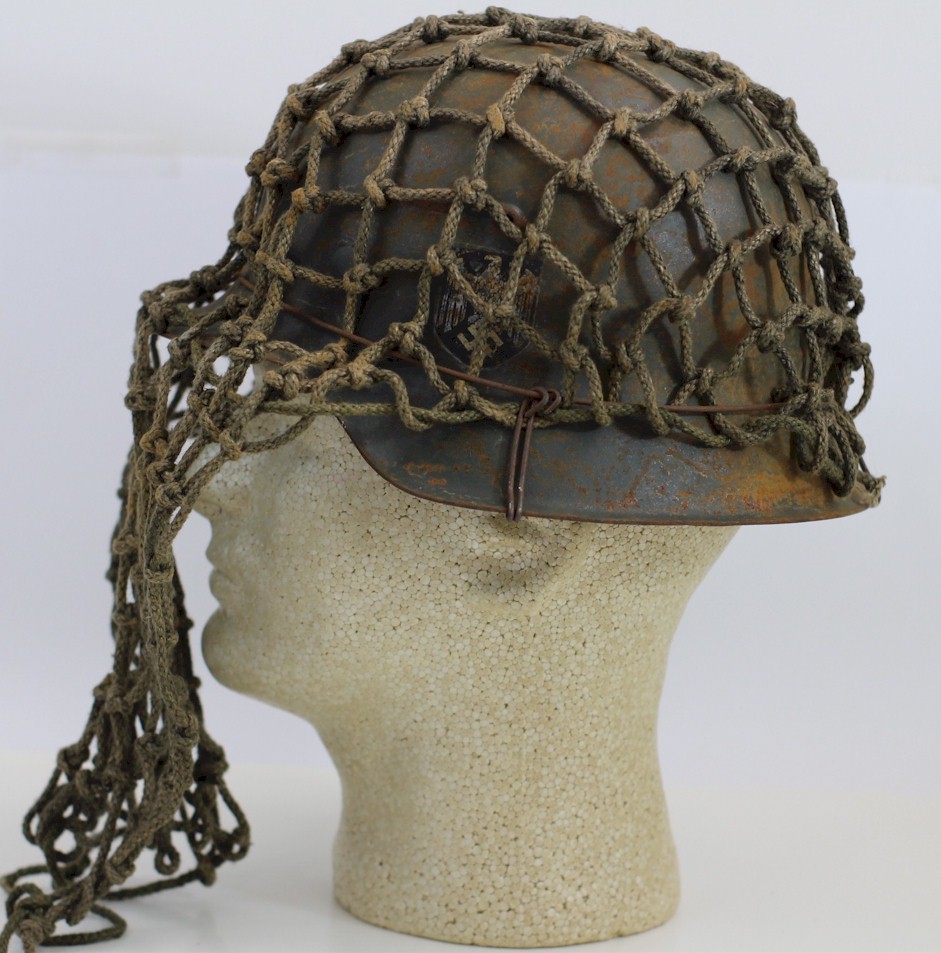 GERMAN WW2 M42 HELMET WITH SINGLE HEER DECAL AND SNIPER VEIL