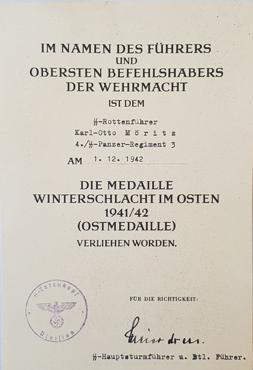 GERMAN WW2 RUSSIAN FRONT MEDAL 1941 42 AWARD DOCUMENT FOR KARL-OTTO MORITZ