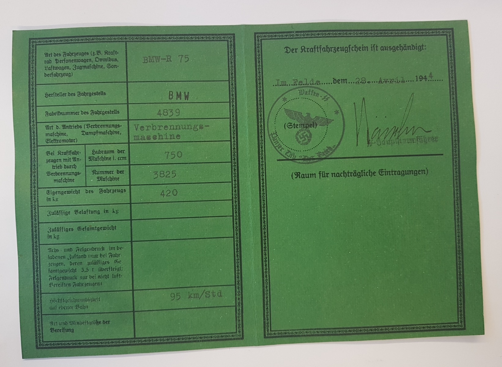 IDENTITY CARD FOR BMW-R 75 3.SS-PZ. GREN. RGT.4 DER FUHRER