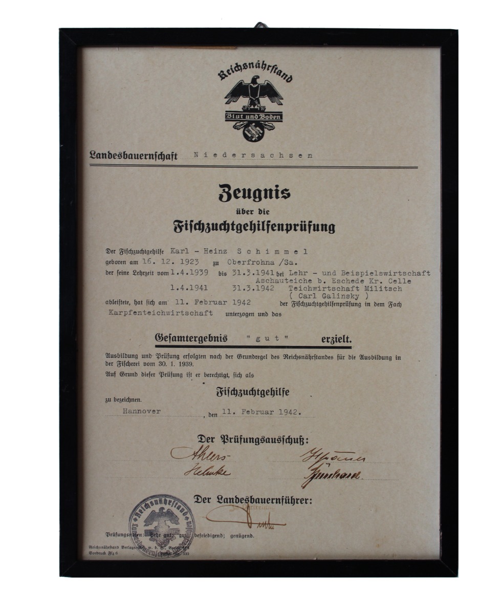 WW11 GERMAN FISH BREEDING EXAM CERTIFICATE FROM THE REICH FOOD ADMINISTRATION BRANCH 