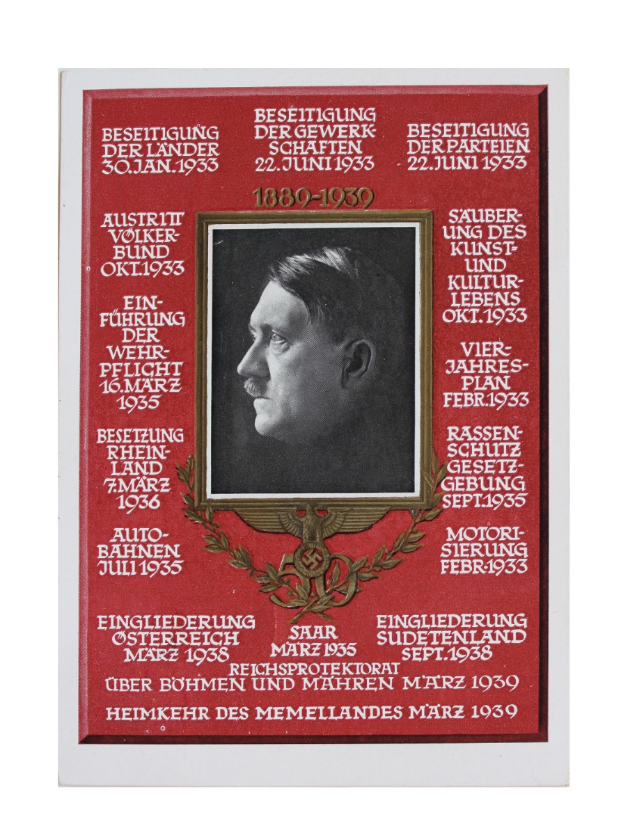 WW2 POSTCARD OF HITLER WITH HISTORICAL DATES OF HIS REIGN  - ORIGINAL 