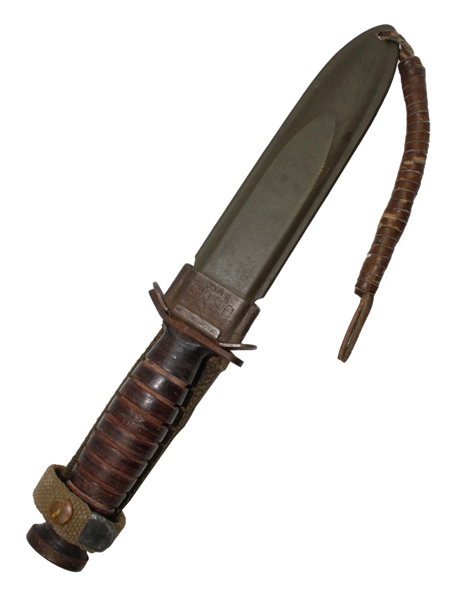 ORIGINAL U.S. WW2 1943 DATED BLADE MARKED M3 FIGHTING KNIFE BY KINFOLKS WITH M8 SCABBARD 