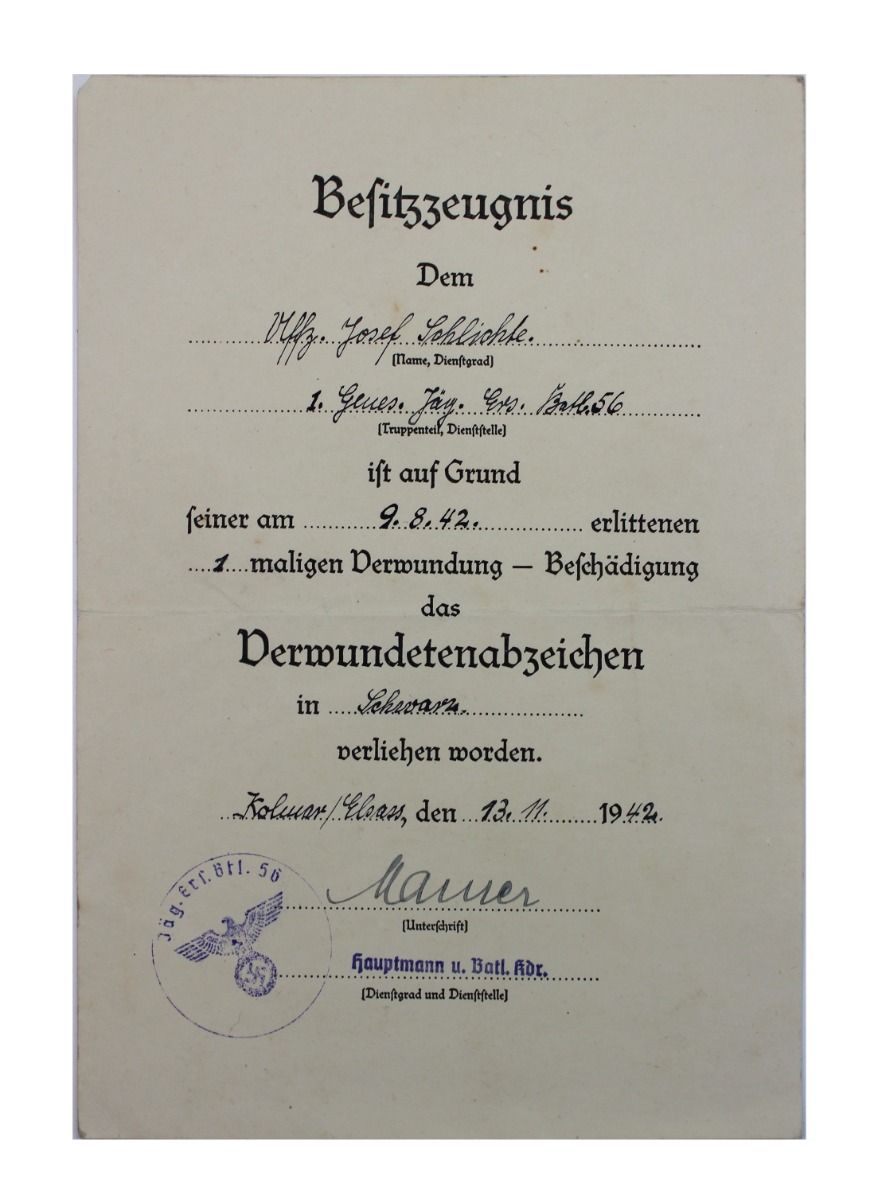 GERMAN AWARD DOCUMENT BLACK WOUND BADGE-DERMUNDETENABZEICHEN 