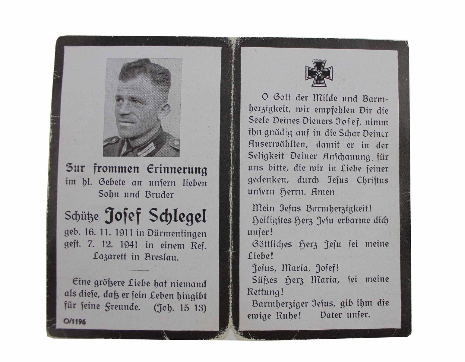 GERMAN WW11 DEATH CARD FOR JOSEF SCHELGEL 