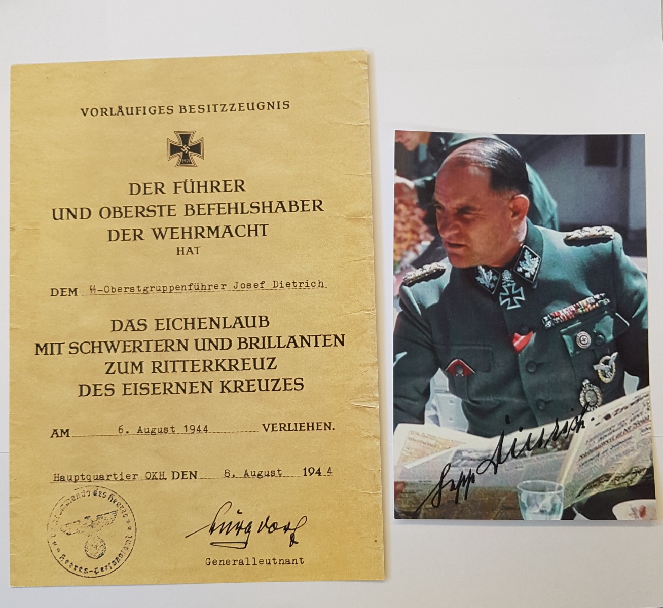GERMAN KNIGHTS CROSS WITH OAK LEAVES SWORDS AND DIAMONDS AWARD DOCUMENT AND PHOTO FOR JOSEF DIETRICH 