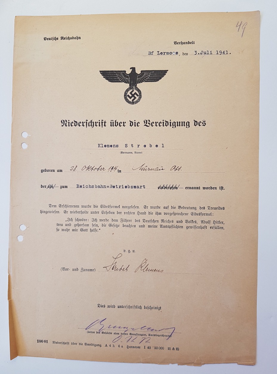 OATH OF LOYALTY TO HITLER - DOCUMENT DATED 3. JULI 1941