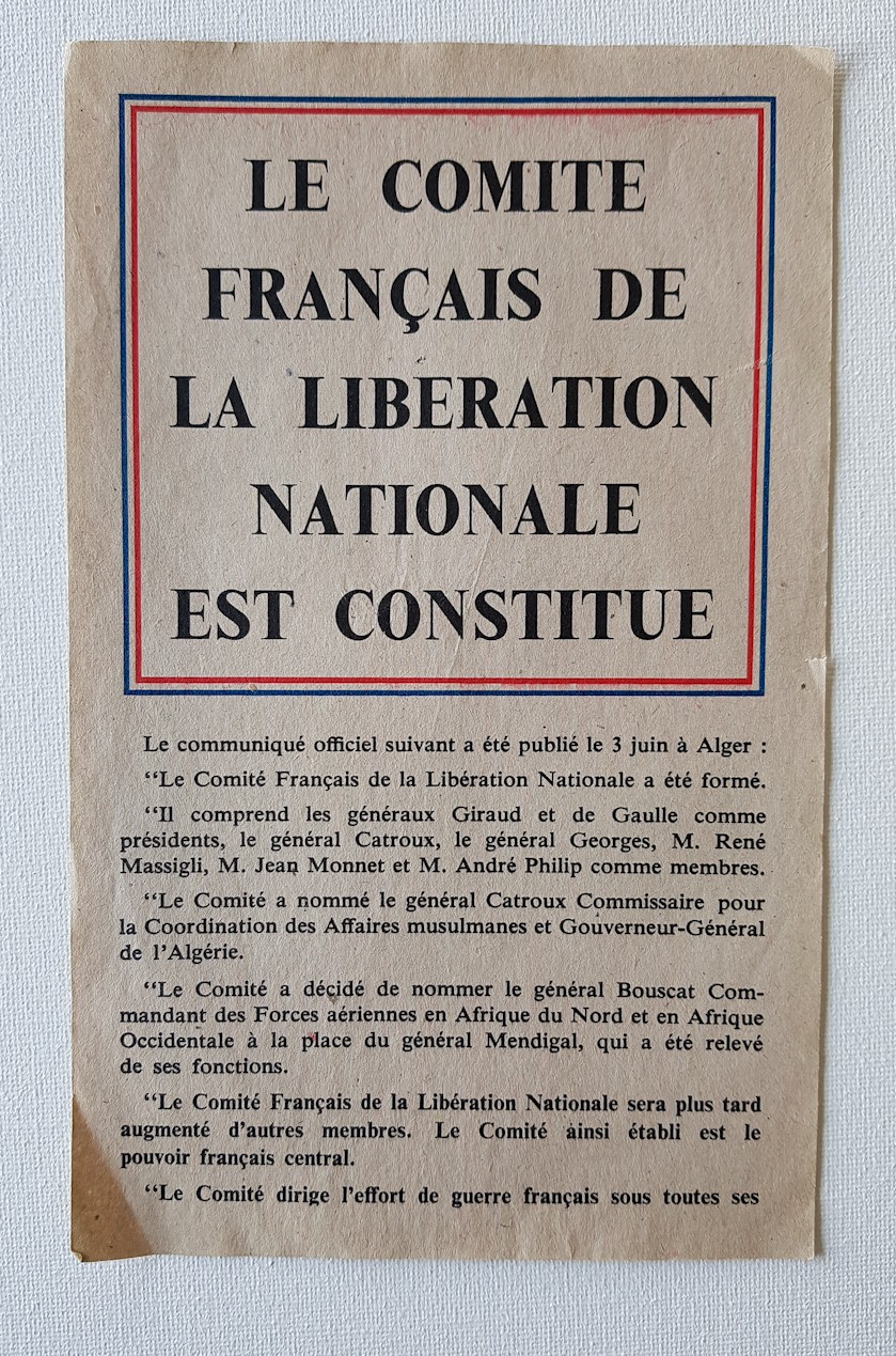 OFFICIAL COMMUNIQUE FROM GENERAL DE GAULLE ON JUNE 3rd REGARDING THE FRENCH NATIONAL LIBERATION COMMITTE