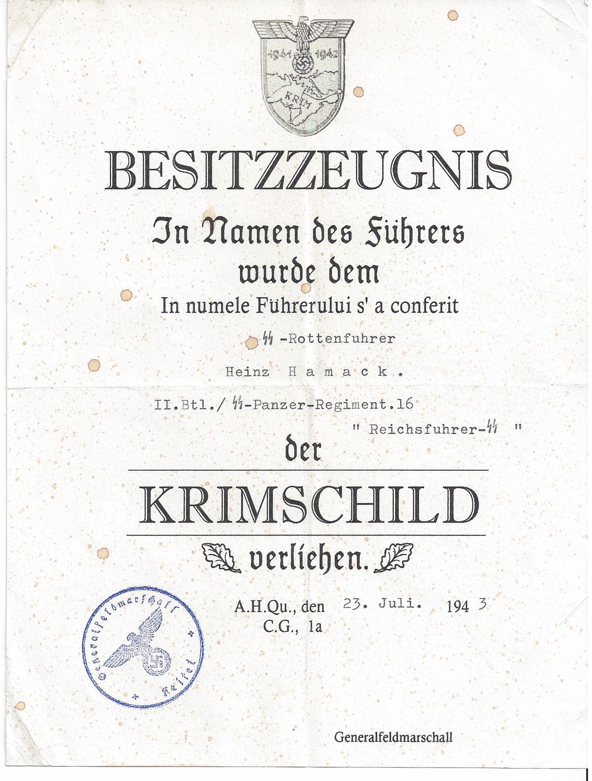 GERMAN AWARD DOCUMENT KRIM SHIELD