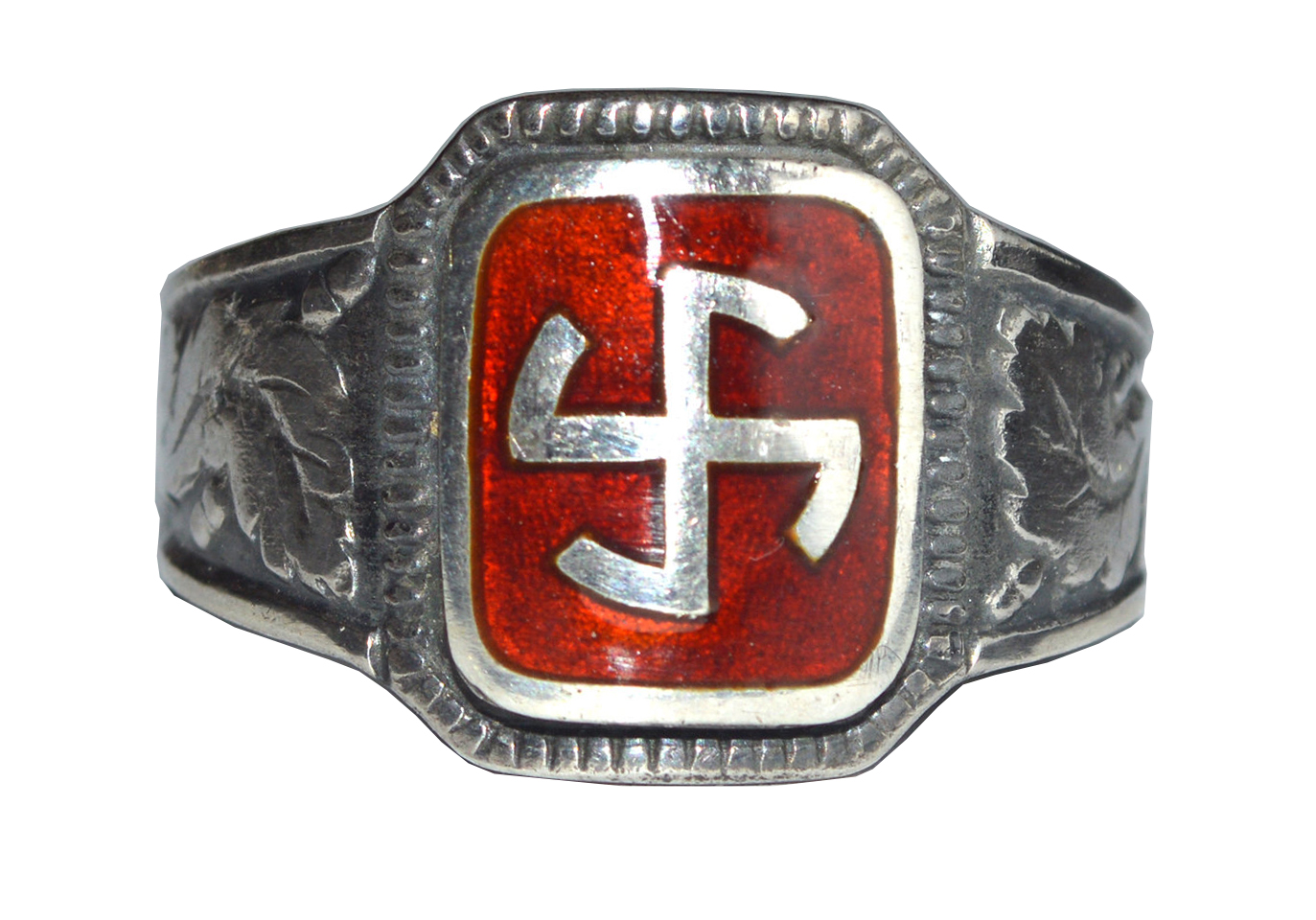 GERMAN SS RED WIKING THUNDER CROSS SILVER RING 