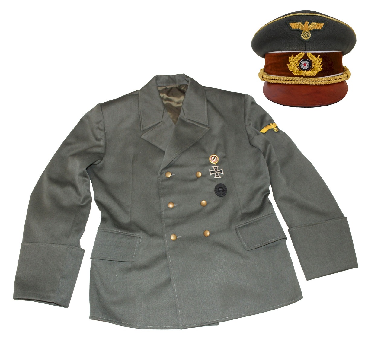 ADOLF HITLER GREEN DOUBLE BREASTED GABARDINE TUNIC AND VISOR CAP WITH INSIGNIA
