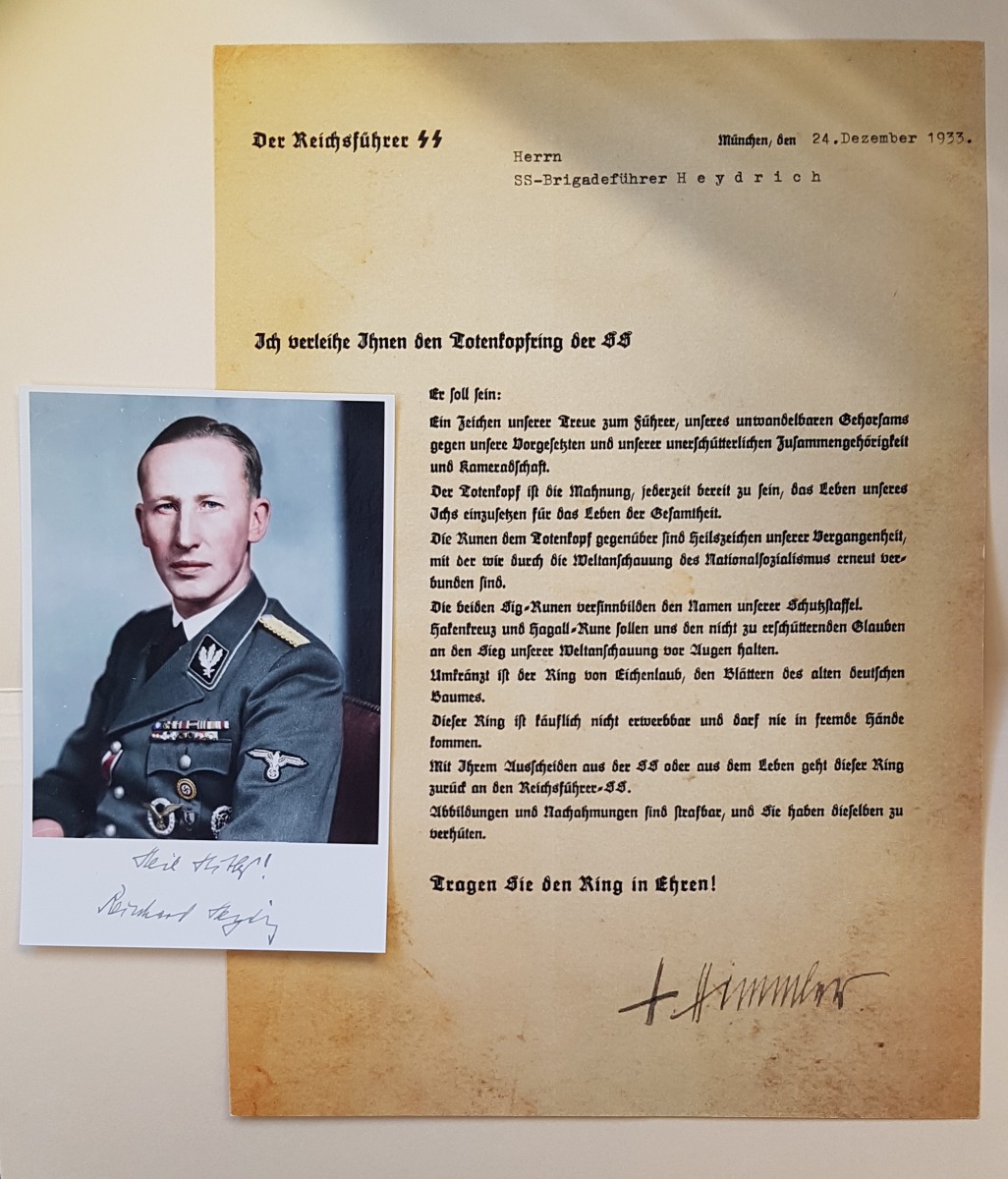 SS HONOR RING CONFERRAL LETTER AND SIGNED PHOTO - REINHARD HEYDRICH