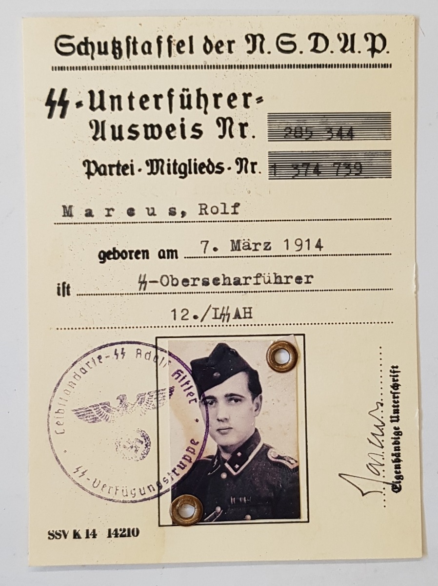 SS NSDAP AUSWEIS SS-OBERSCHARFUHRER MARCUS,ROLF DOCUMENT