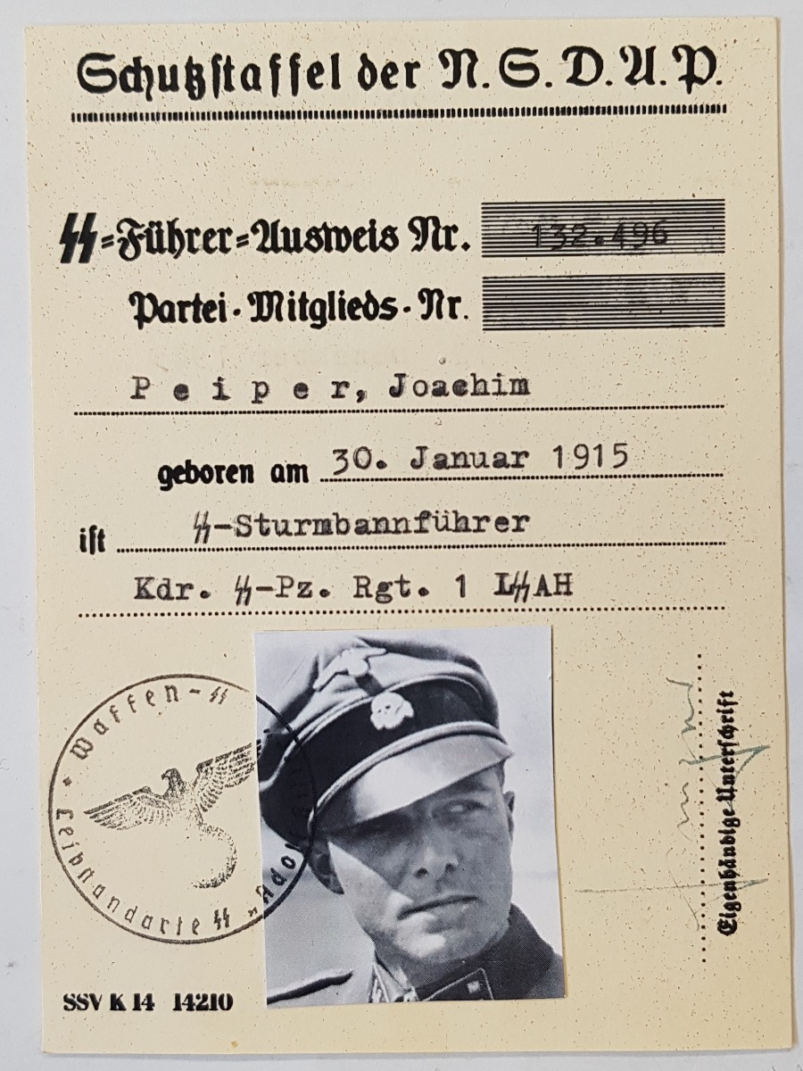 SS NSDAP AUSWEIS SS-STURMBANNFUHRER PEIPER, JOACHIM DOCUMENT