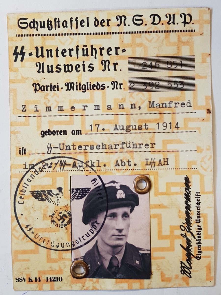 SS NSDAP AUSWEIS SS-UNTERSCHARFUHRER ZIMMERMANN, MANFRED DOCUMENT