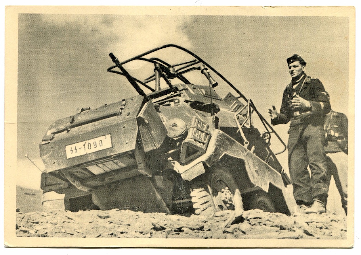 UNSERE WAFFEN SS POST CARD "ARMORED RECONNAISSANCE CAR AFTER THE ACTION"